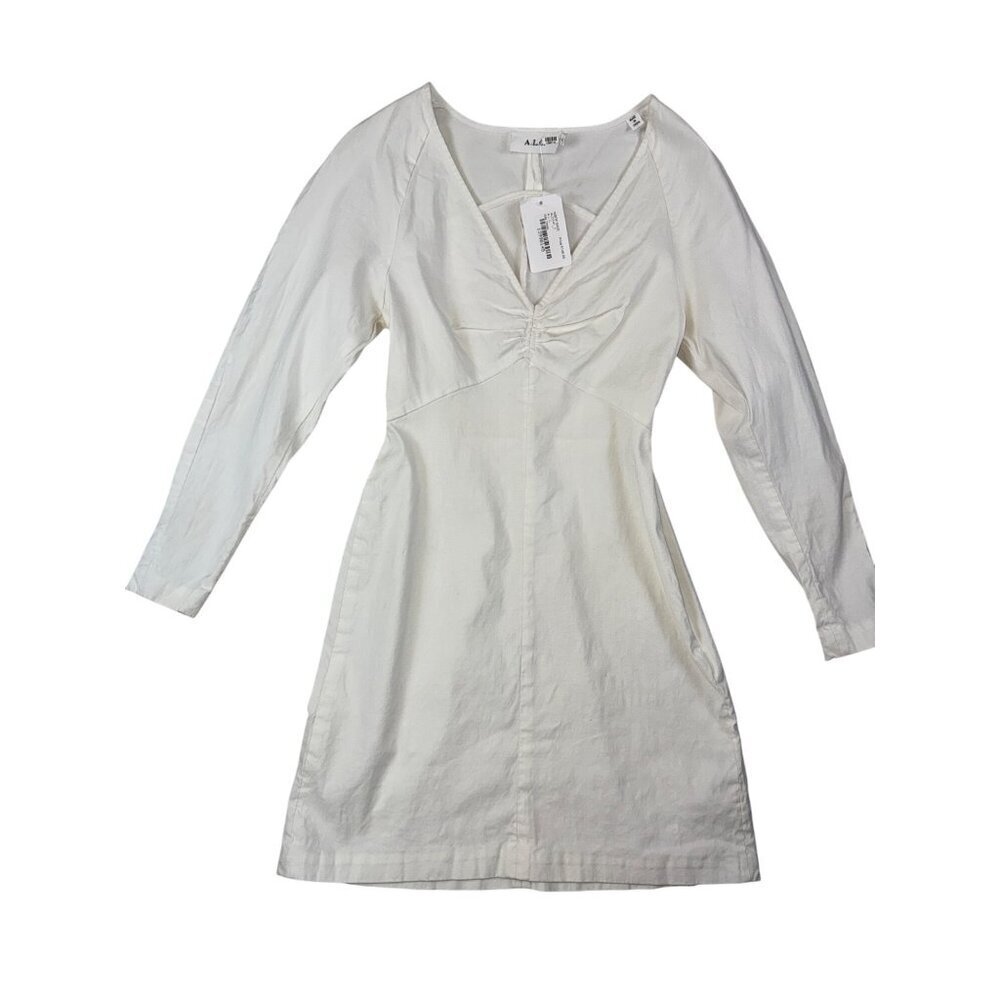 A.L.C. Women's Dress Alia White V-Neck Linen Blend Long Sleeve Puff Size 2